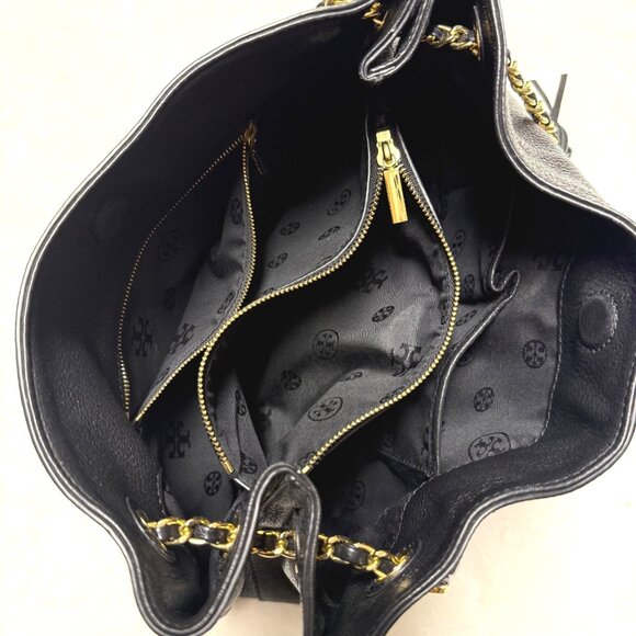 Tory Burch Thea Chain Slouchy Shoulder Bag $495 black/gold logo tassels divided - Picture 10 of 14